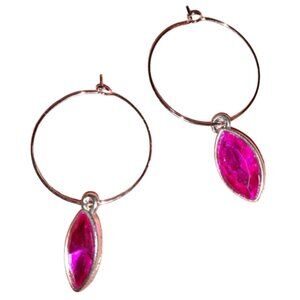 Pink Fuchsia Marquis Rhinestone Silver Hoops Crystal Steel Hoop Earrings KATTA